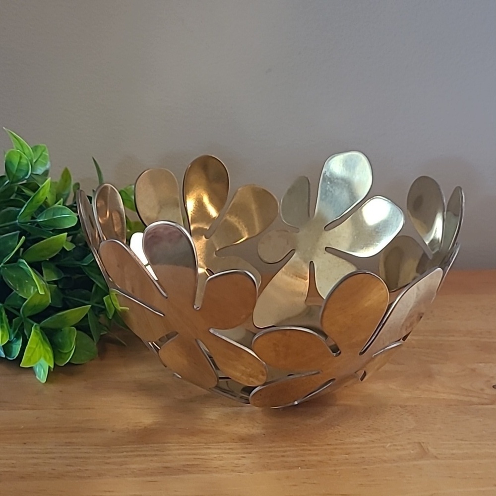 FLORAL DESIGN Gold Brass Tone Metal Decorative Bowl